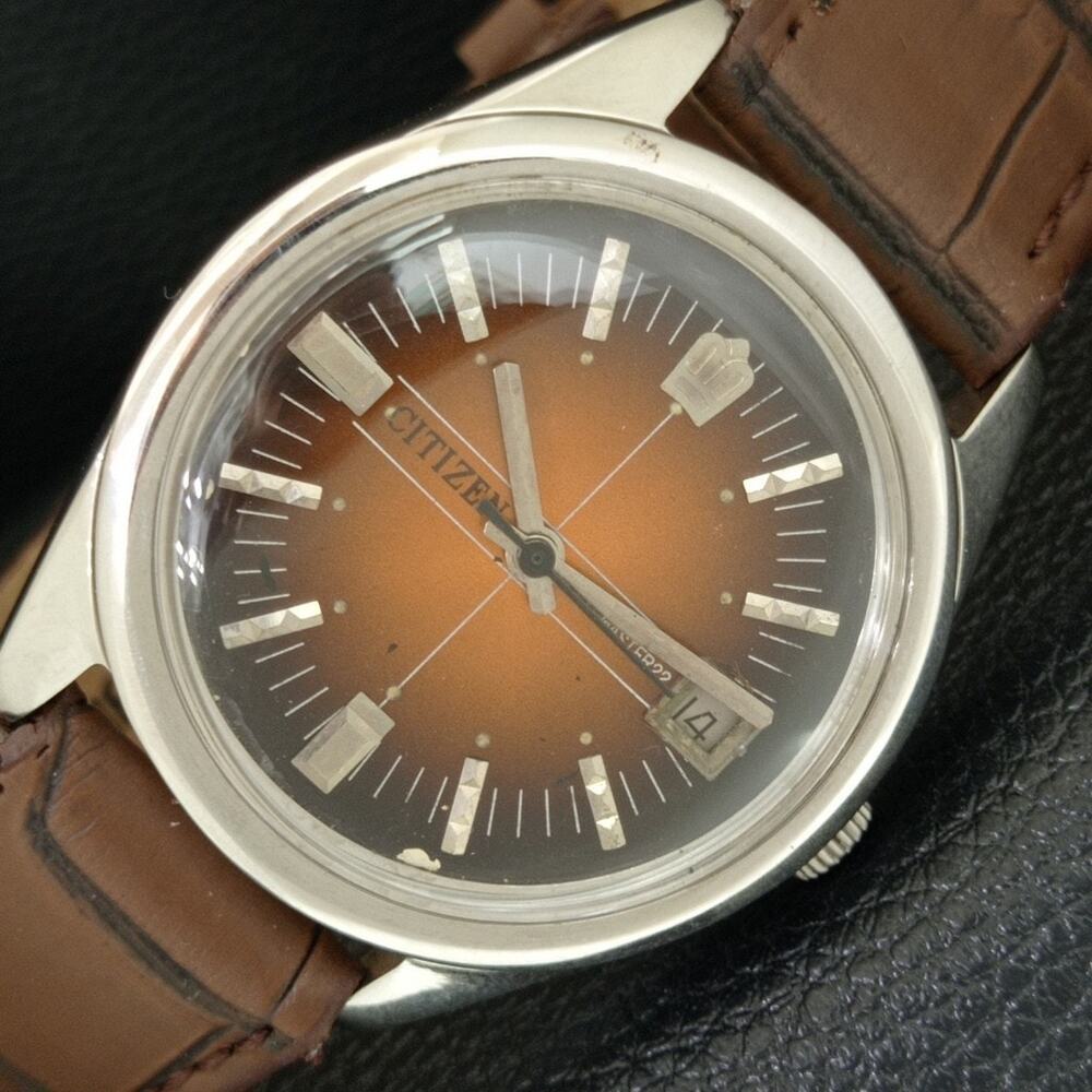Vintage 1970 Citizen Manual Mens Silver Watch W/date & Brown accents